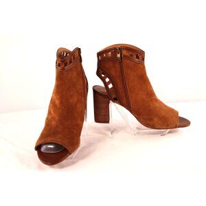 Franco Sarto Brown Suede Open-Toe Heeled Booties with Cutout Design Size 9.5 M